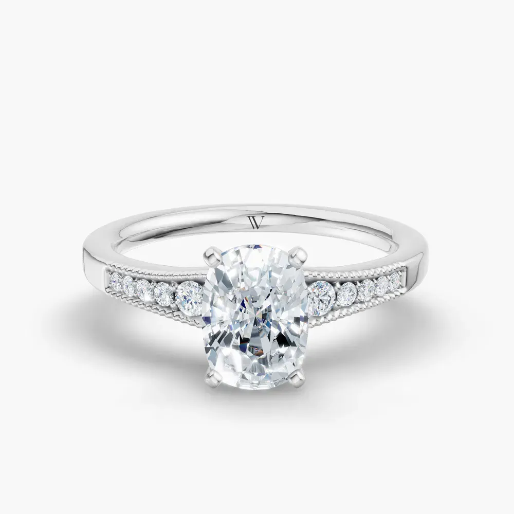Certified 1 carat Lab Grown Diamond Elongated Cushion Cut Milgrain, Pavé, Side Stone Engagement Ring in 14K White Gold-Rosca