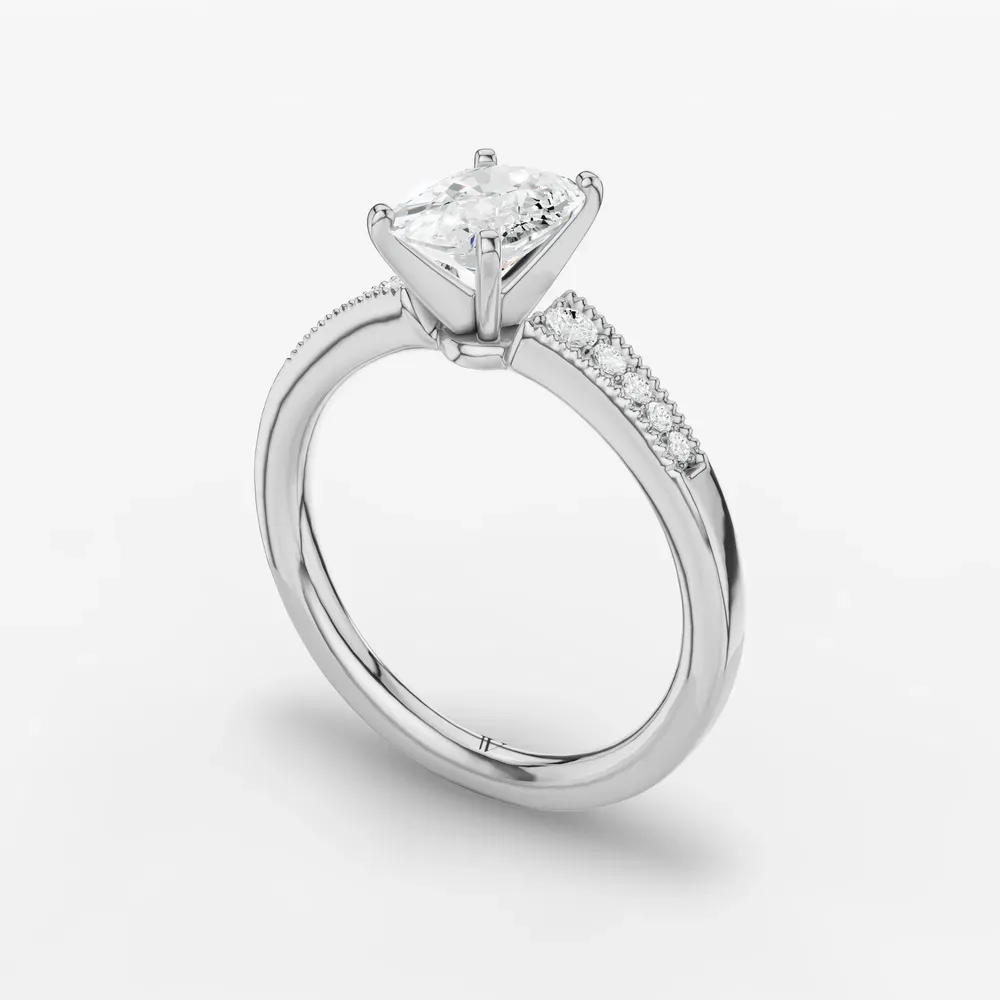 Certified 1 carat Lab Grown Diamond Elongated Cushion Cut Milgrain, Pavé, Side Stone Engagement Ring in 14K White Gold-Rosca