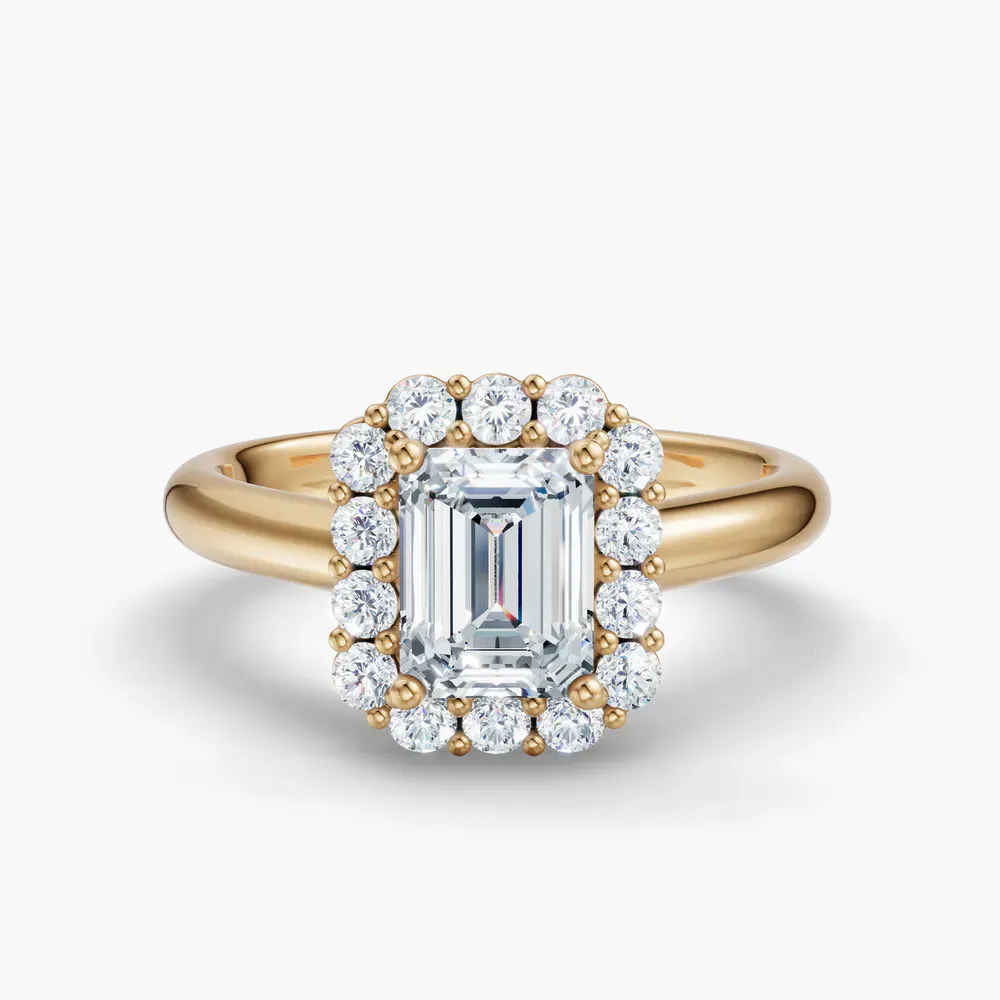 Certified 1 carat Lab Grown Diamond Emerald Cut Cathedral, Halo, Floral Engagement Ring in 14K Yellow Gold-Arwen