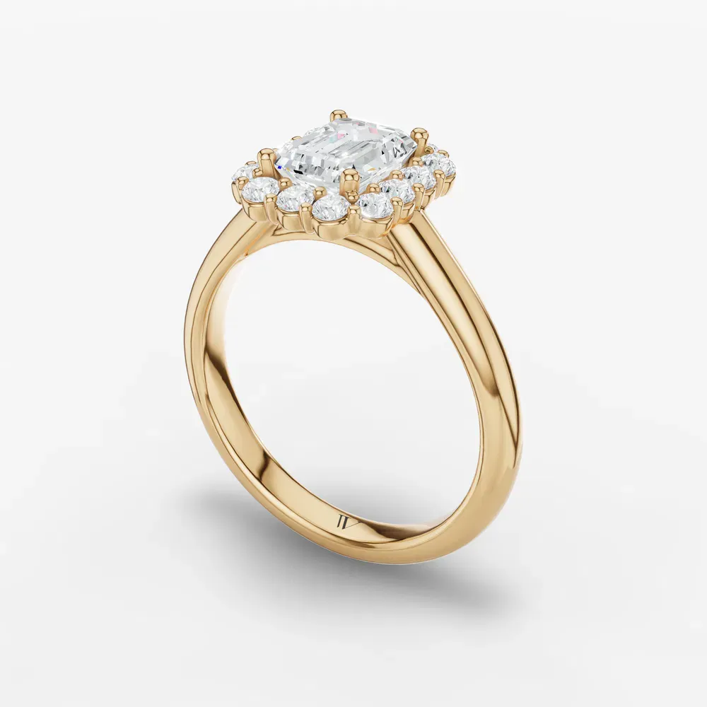 Certified 1 carat Lab Grown Diamond Emerald Cut Cathedral, Halo, Floral Engagement Ring in 14K Yellow Gold-Arwen