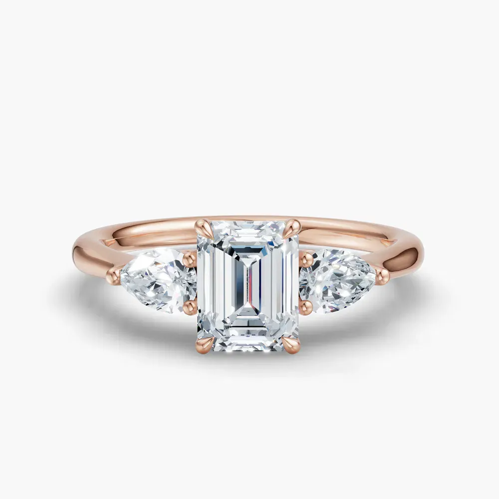 Certified 1 carat Lab Grown Diamond Emerald Cut Three Stone, Side Stone, Low profile Engagement Ring in 14K Rose Gold-Hailu