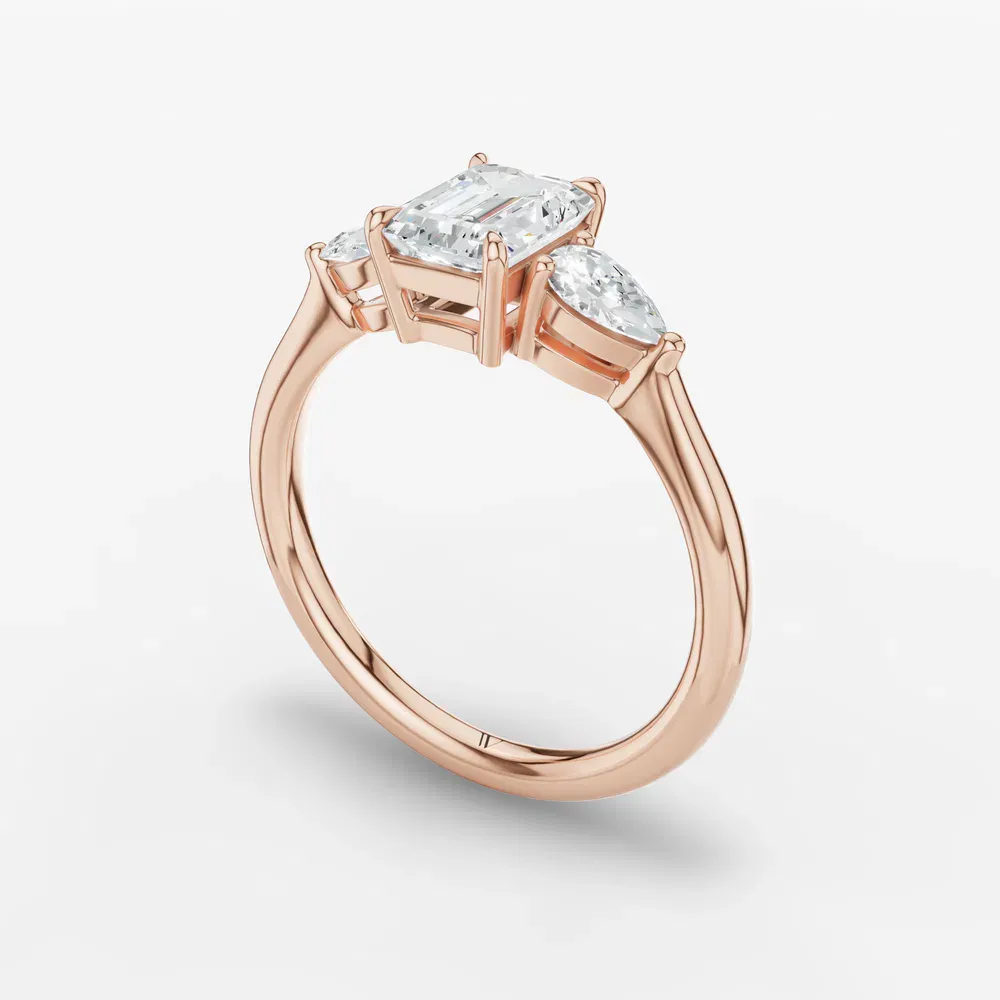 Certified 1 carat Lab Grown Diamond Emerald Cut Three Stone, Side Stone, Low profile Engagement Ring in 14K Rose Gold-Hailu