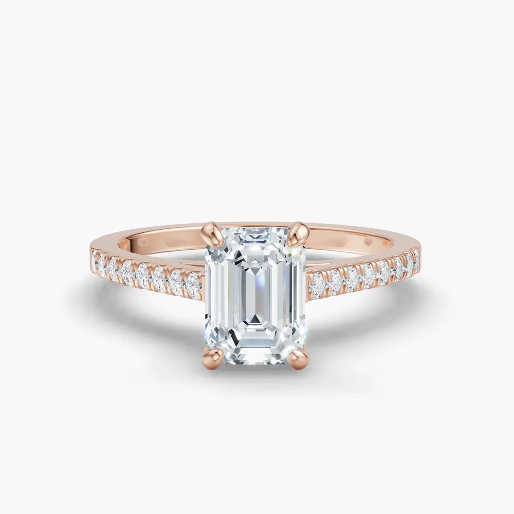 Certified 1 carat Lab Grown Diamond Emerald Cut Pavé, Cathedral Engagement Ring in 14K Rose Gold-Zirellun