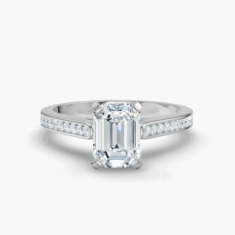 Certified 1 carat Lab Grown Diamond Emerald Cut Cathedral, Channel Set Engagement Ring in 14K White Gold-Velora