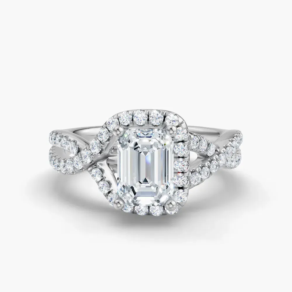 Certified 1 carat Lab Grown Diamond Emerald Cut Unique, Pavé, Halo Engagement Ring in 14K White Gold-Stellune