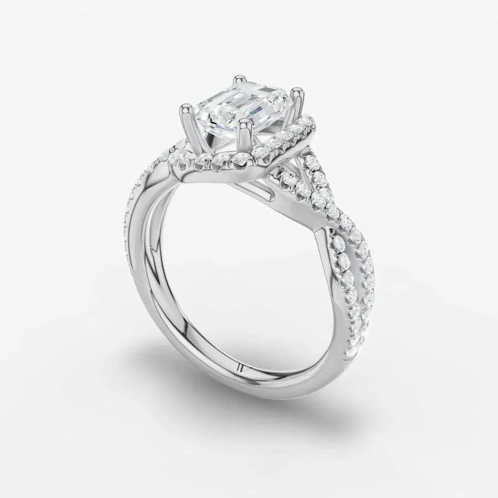 Certified 1 carat Lab Grown Diamond Emerald Cut Unique, Pavé, Halo Engagement Ring in 14K White Gold-Stellune