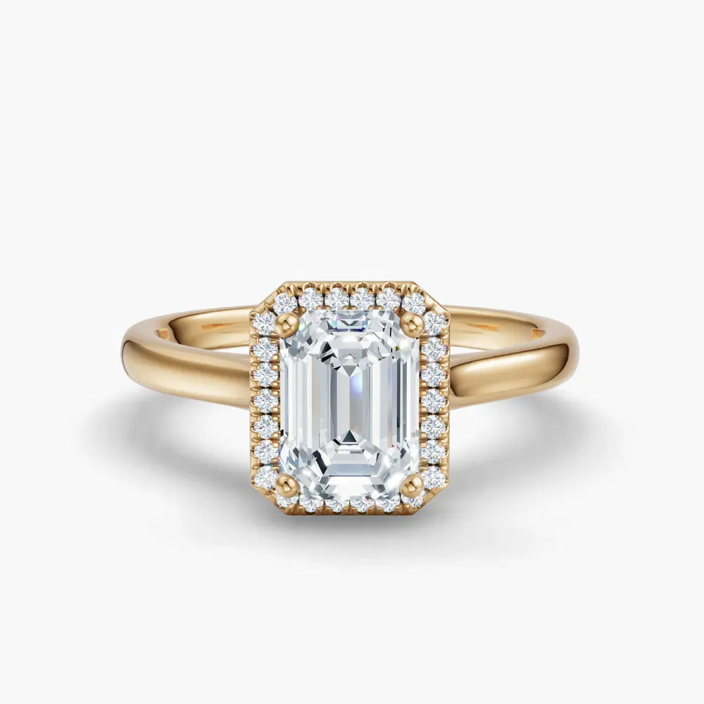 Certified 1 carat Lab Grown Diamond Emerald Cut Halo, Cathedral Engagement Ring in 14K Yellow Gold-Pejr