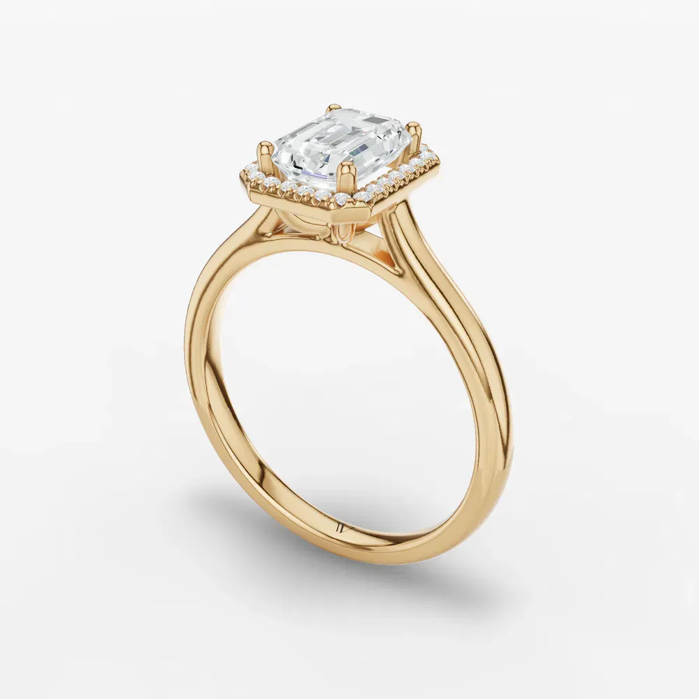 Certified 1 carat Lab Grown Diamond Emerald Cut Halo, Cathedral Engagement Ring in 14K Yellow Gold-Pejr