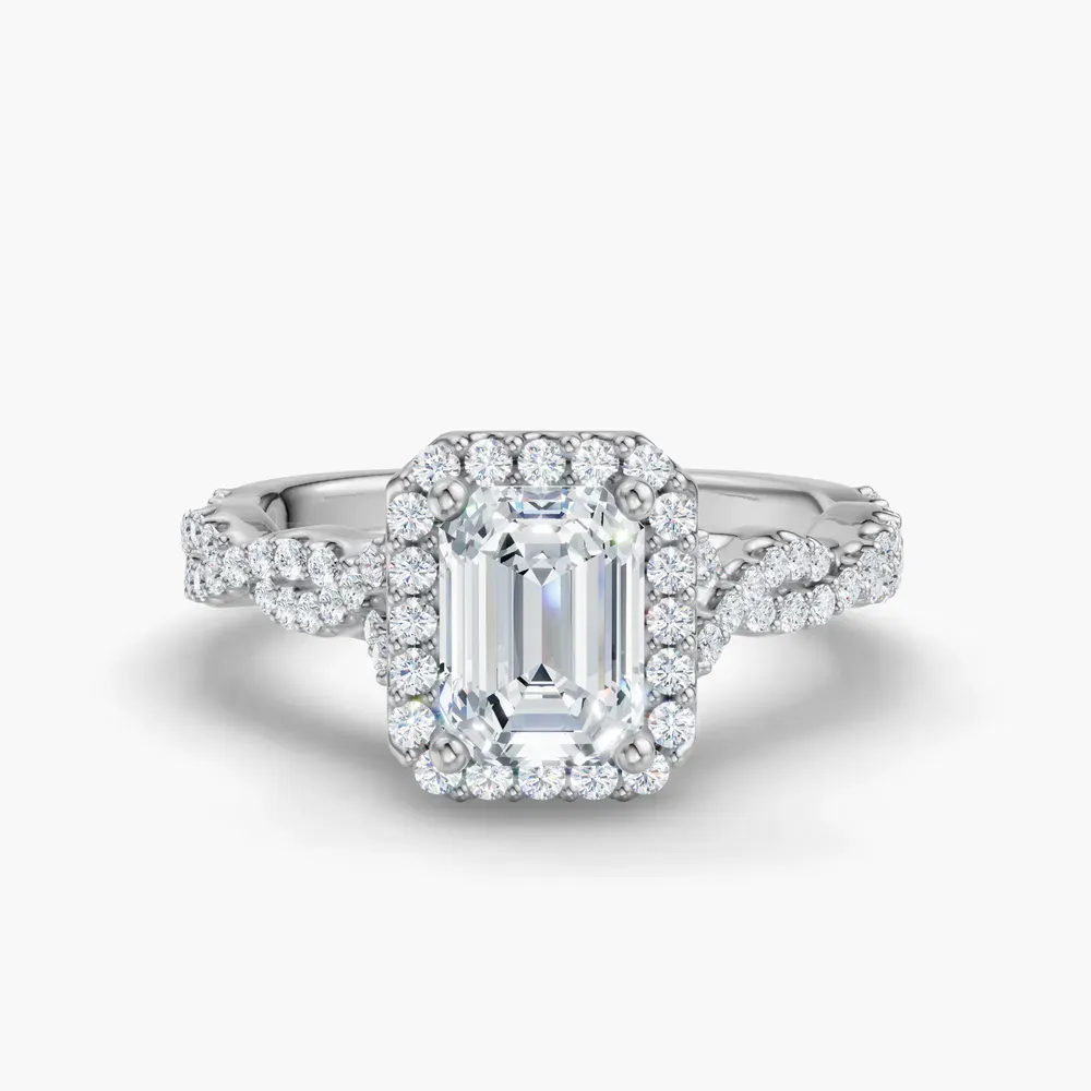 Certified 1 carat Lab Grown Diamond Emerald Cut Halo, Pavé, Twist Engagement Ring in 14K White Gold-Meraki