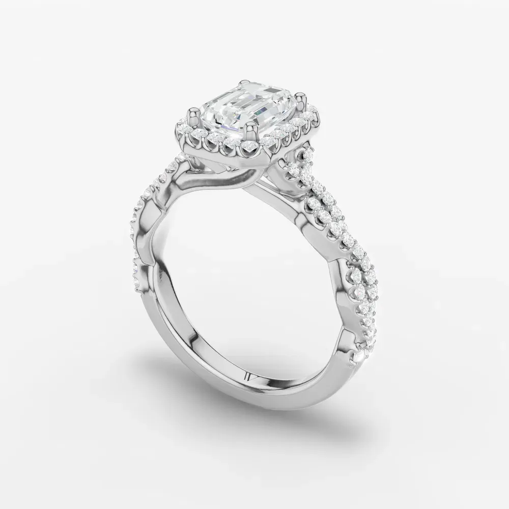 Certified 1 carat Lab Grown Diamond Emerald Cut Halo, Pavé, Twist Engagement Ring in 14K White Gold-Meraki