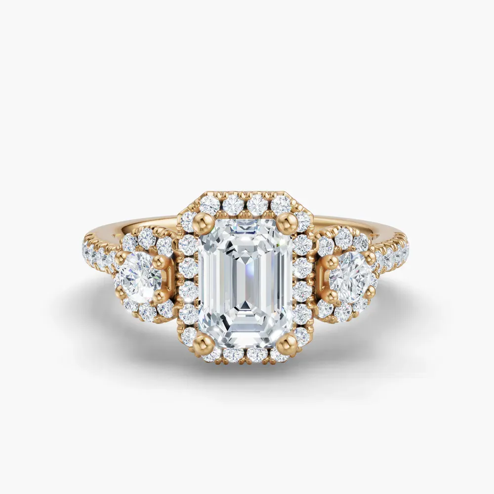 Certified 1 carat Lab Grown Diamond Emerald Cut Three Stone, Halo, Hidden Halo Engagement Ring in 14K Yellow Gold-Hylor