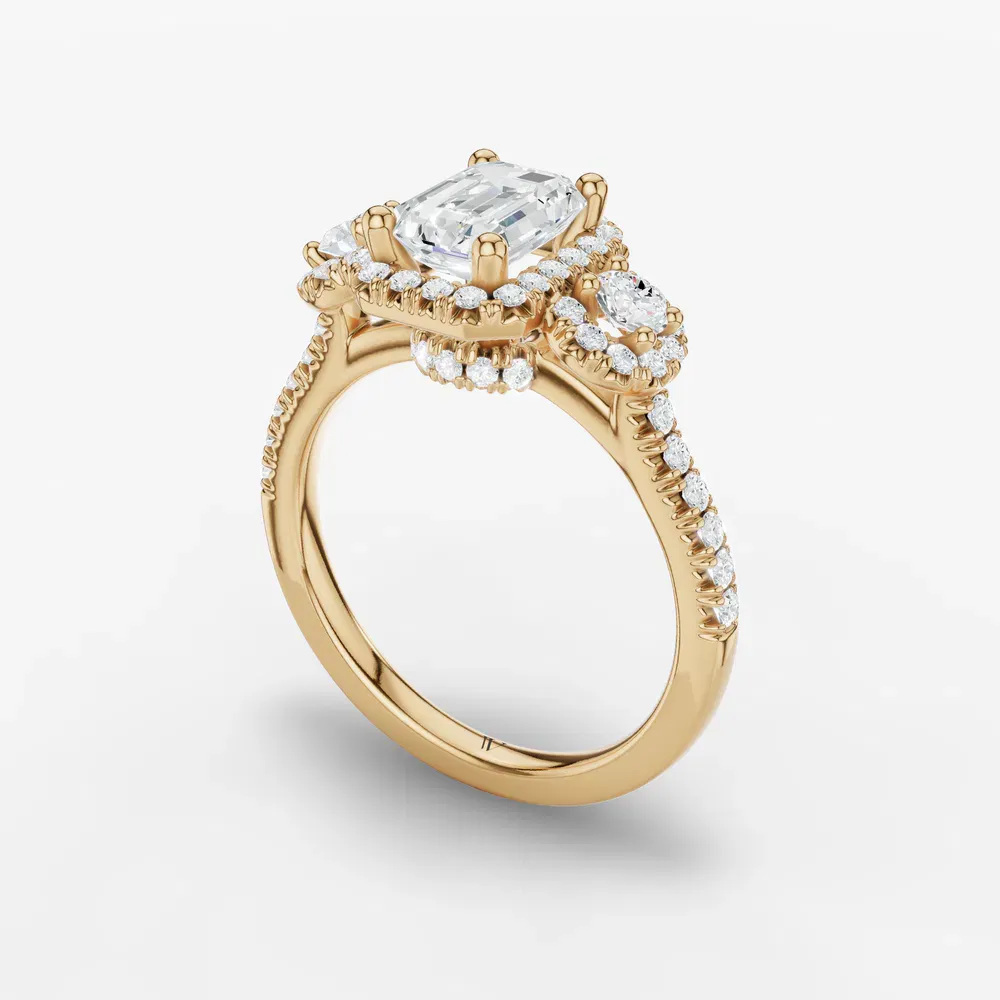 Certified 1 carat Lab Grown Diamond Emerald Cut Three Stone, Halo, Hidden Halo Engagement Ring in 14K Yellow Gold-Hylor