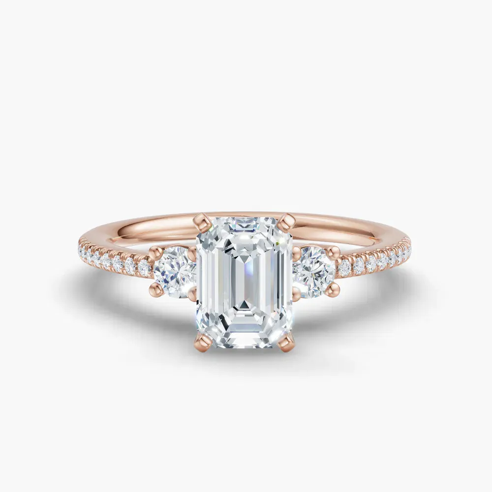 Certified 1 carat Lab Grown Diamond Emerald Cut Three Stone, Pavé, Side Stone Engagement Ring in 14K Rose Gold-Vynix