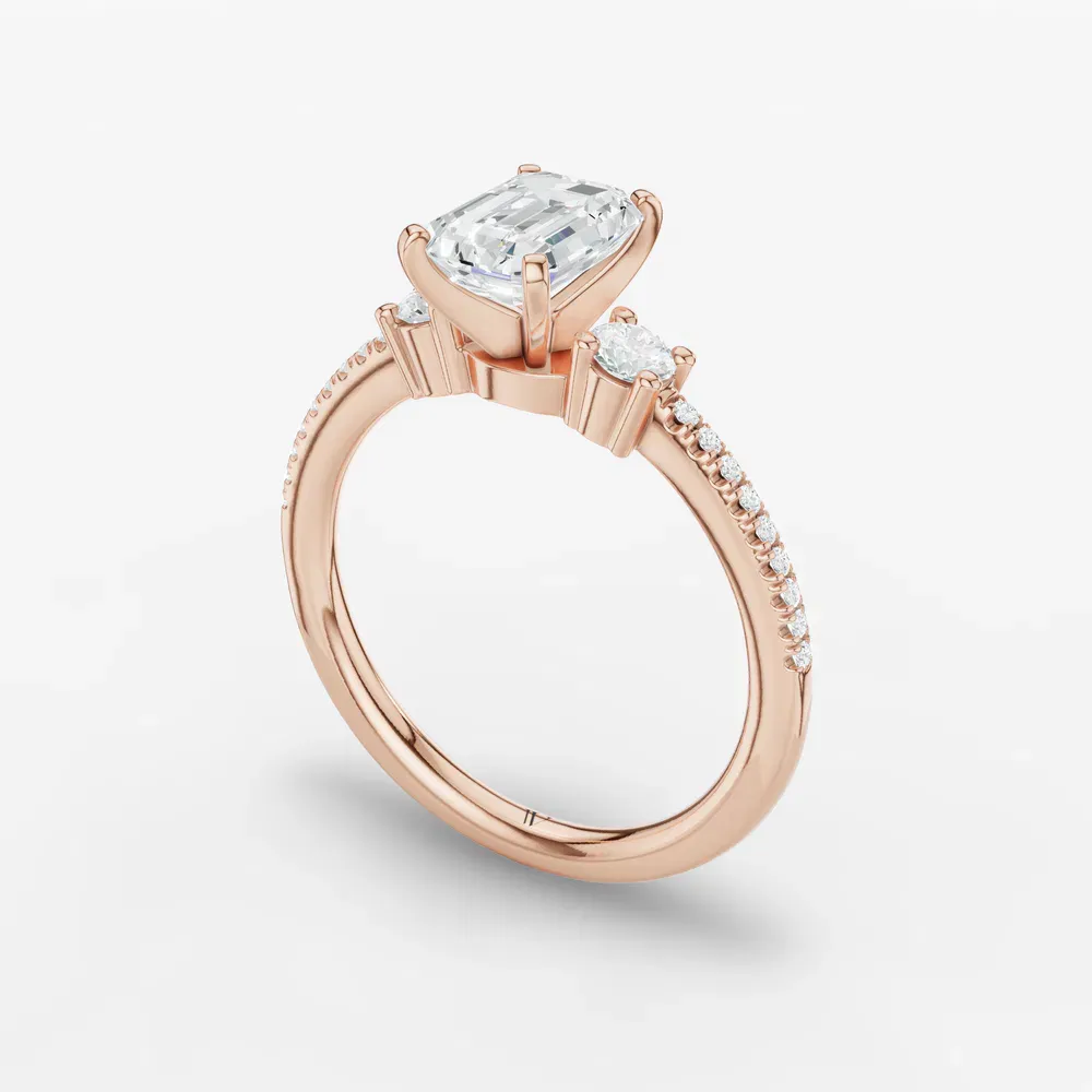 Certified 1 carat Lab Grown Diamond Emerald Cut Three Stone, Pavé, Side Stone Engagement Ring in 14K Rose Gold-Vynix