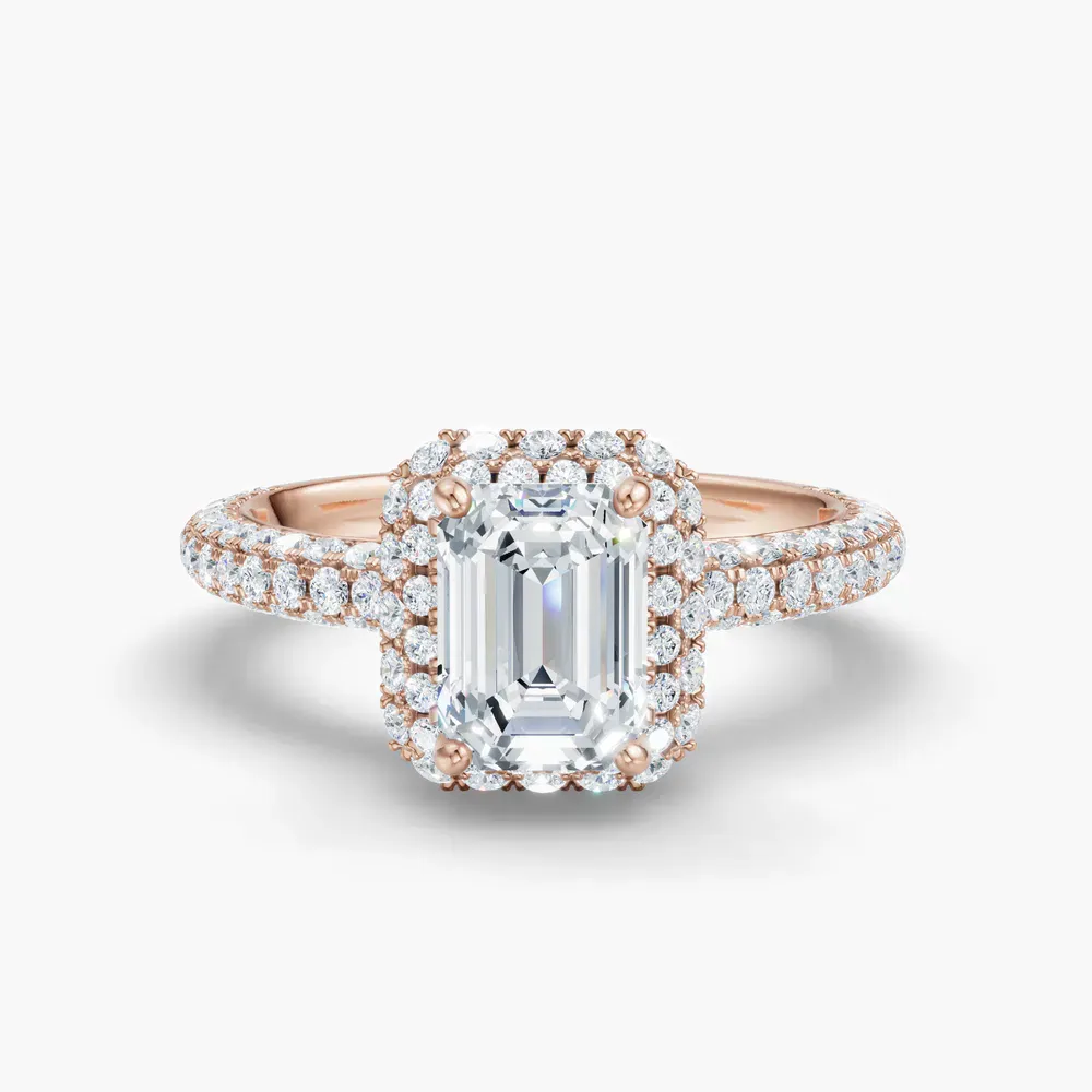 Certified 1 carat Lab Grown Diamond Emerald Cut Pavé, Halo, Hidden Halo Engagement Ring in 14K Rose Gold-Brym