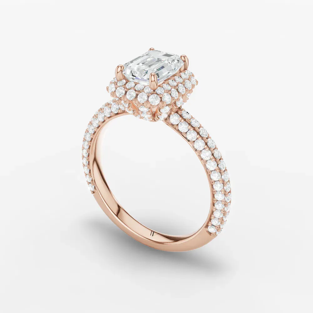 Certified 1 carat Lab Grown Diamond Emerald Cut Pavé, Halo, Hidden Halo Engagement Ring in 14K Rose Gold-Brym