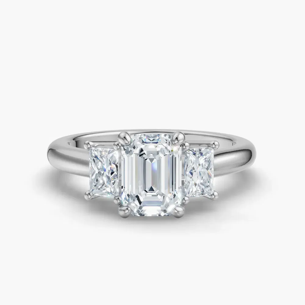 Certified 1 carat Lab Grown Diamond Emerald Cut Three Stone, Side Stone Engagement Ring in 14K White Gold-Dravon