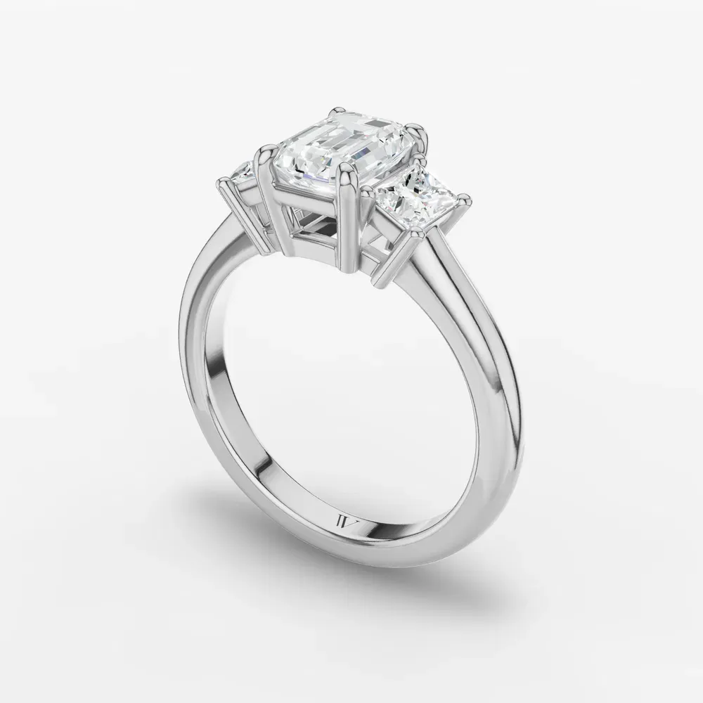 Certified 1 carat Lab Grown Diamond Emerald Cut Three Stone, Side Stone Engagement Ring in 14K White Gold-Dravon