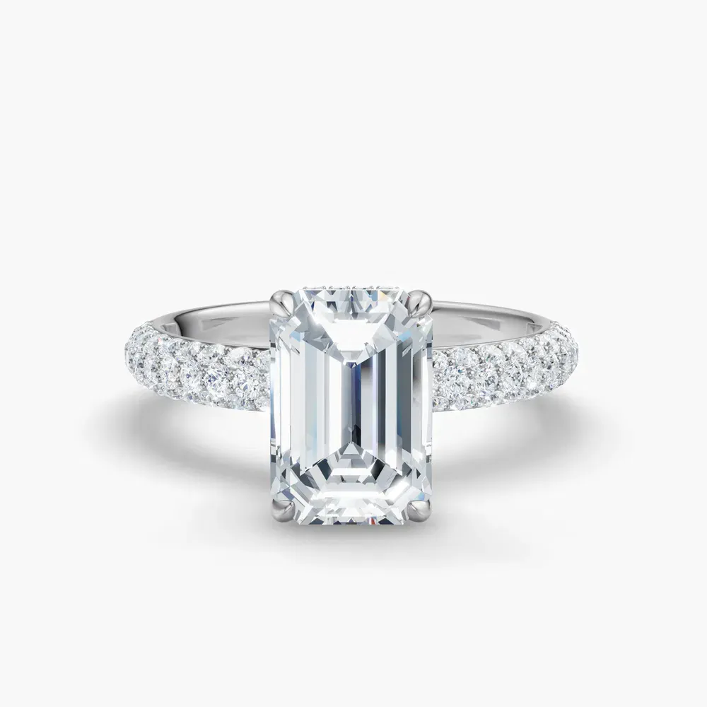 Certified 1 carat Lab Grown Diamond Emerald Cut Pavé, Hidden Halo Engagement Ring in 14K White Gold-Lyre 
