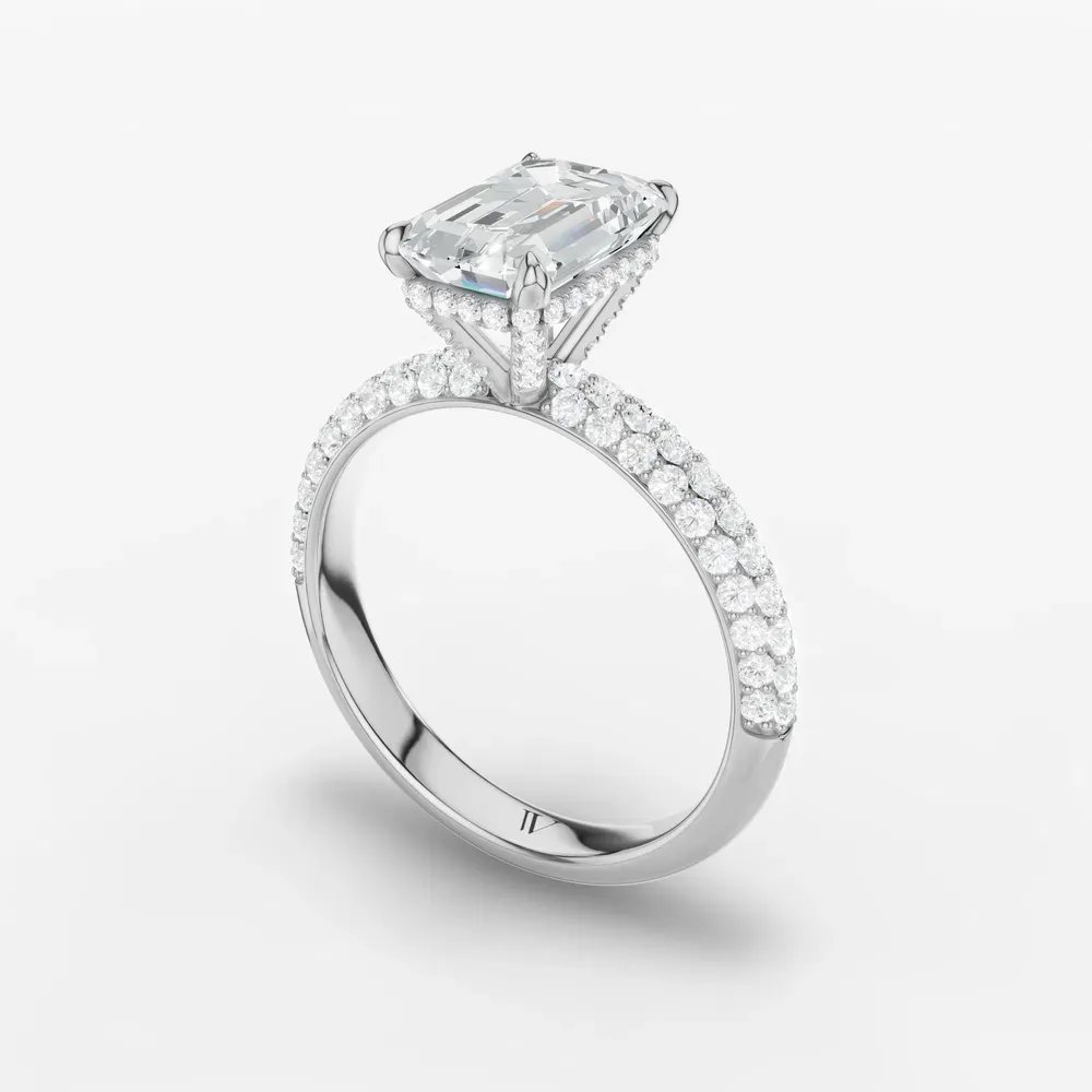 Certified 1 carat Lab Grown Diamond Emerald Cut Pavé, Hidden Halo Engagement Ring in 14K White Gold-Lyre 