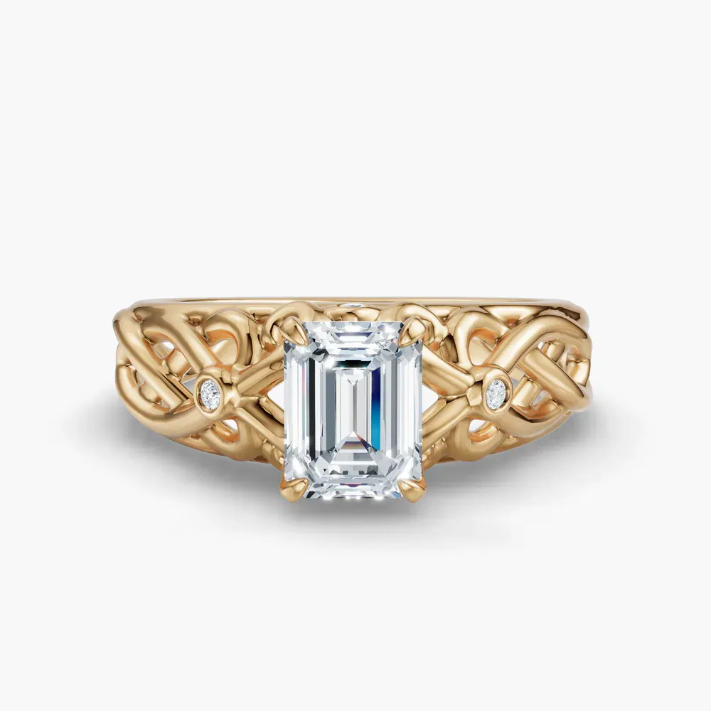 Certified 1 carat Lab Grown Diamond Emerald Cut Split Shank, Vintage, Twist Engagement Ring in 14K Yellow Gold-Seren