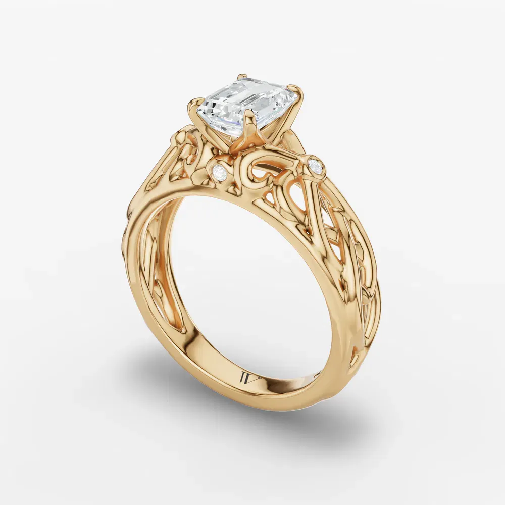 Certified 1 carat Lab Grown Diamond Emerald Cut Split Shank, Vintage, Twist Engagement Ring in 14K Yellow Gold-Seren