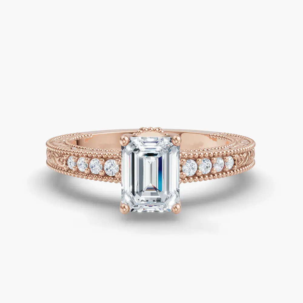 Certified 1 carat Lab Grown Diamond Emerald Cut Vintage, Milgrain, Side Stone Engagement Ring in 14K Rose Gold-Meren