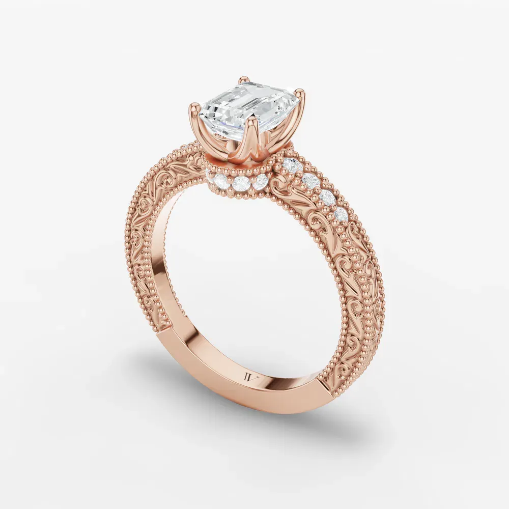Certified 1 carat Lab Grown Diamond Emerald Cut Vintage, Milgrain, Side Stone Engagement Ring in 14K Rose Gold-Meren