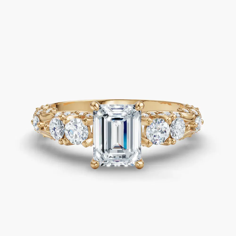 Certified 1 carat Lab Grown Diamond Emerald Cut Hidden Halo, Unique, Side Stone Engagement Ring in 14K Yellow Gold-Marinia