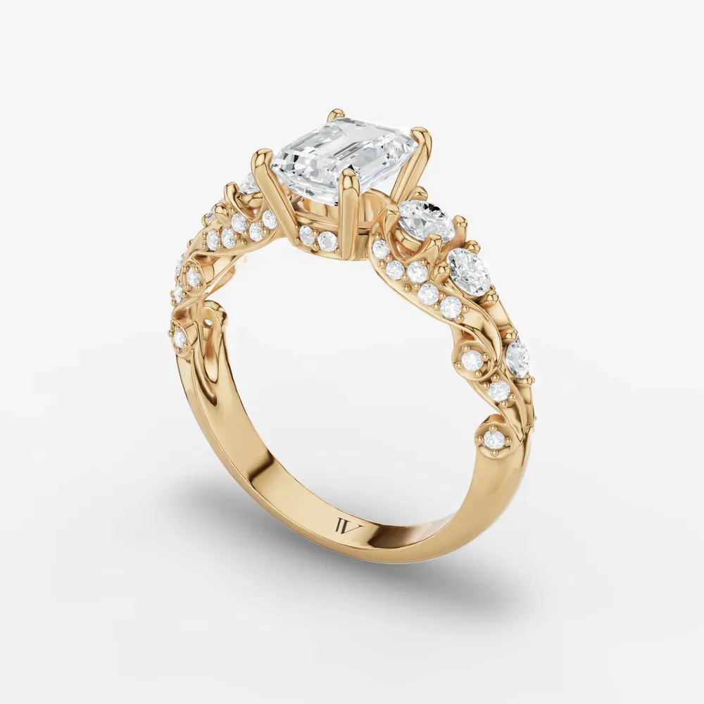 Certified 1 carat Lab Grown Diamond Emerald Cut Hidden Halo, Unique, Side Stone Engagement Ring in 14K Yellow Gold-Marinia