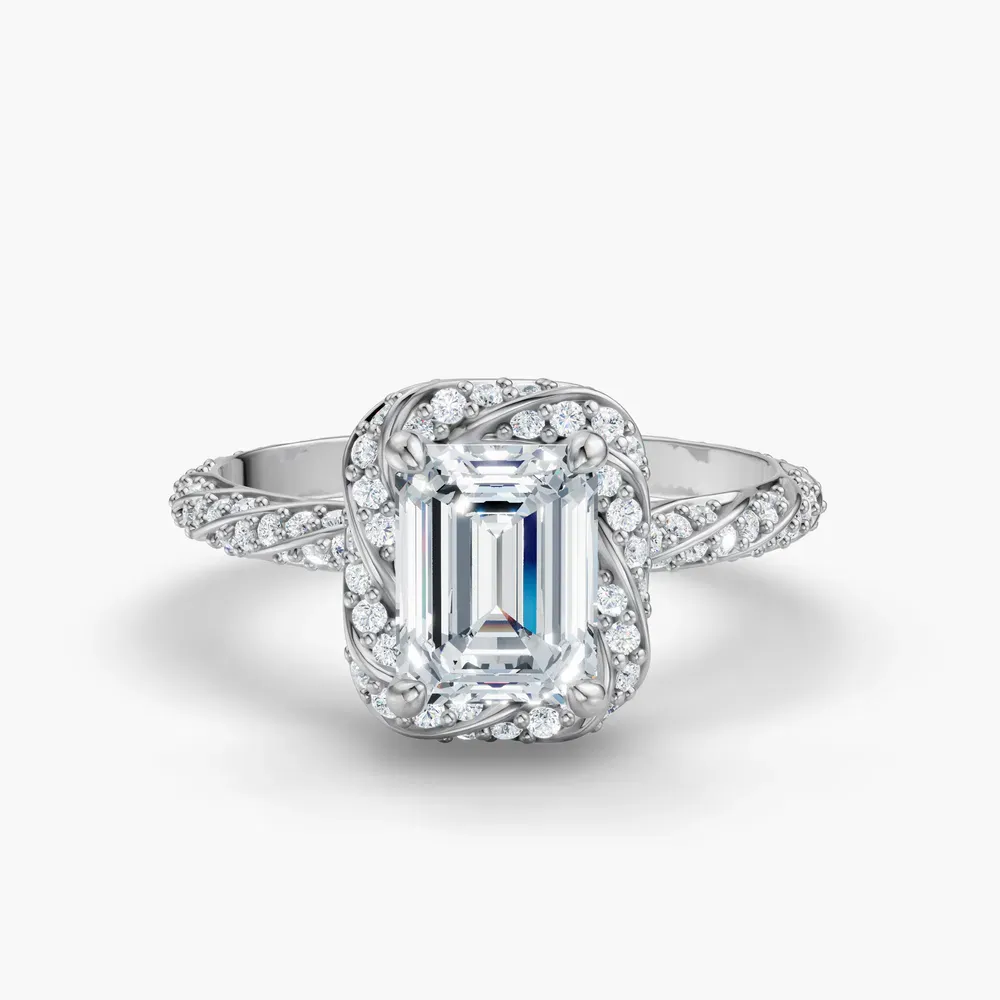 Certified 1 carat Lab Grown Diamond Emerald Cut Halo, Floral, Twist Engagement Ring in 14K White Gold-Moxl