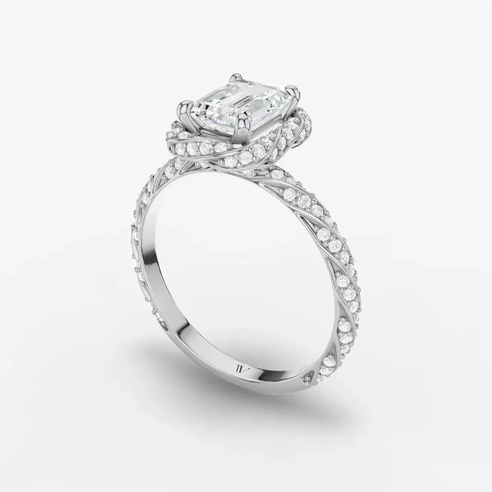 Certified 1 carat Lab Grown Diamond Emerald Cut Halo, Floral, Twist Engagement Ring in 14K White Gold-Moxl