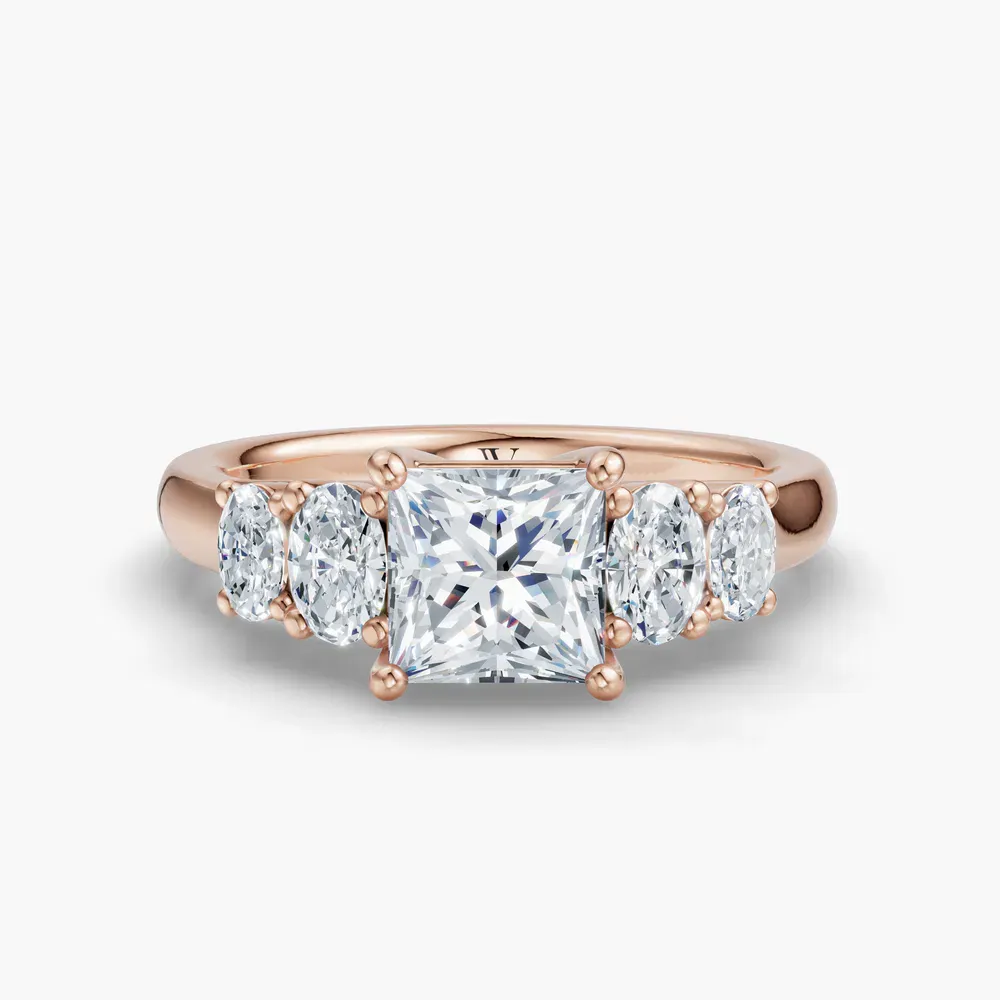 Certified 1 carat Lab Grown Diamond Princess Cut Five Stone, Side Stone Engagement Ring in 14K Rose Gold-Elyx