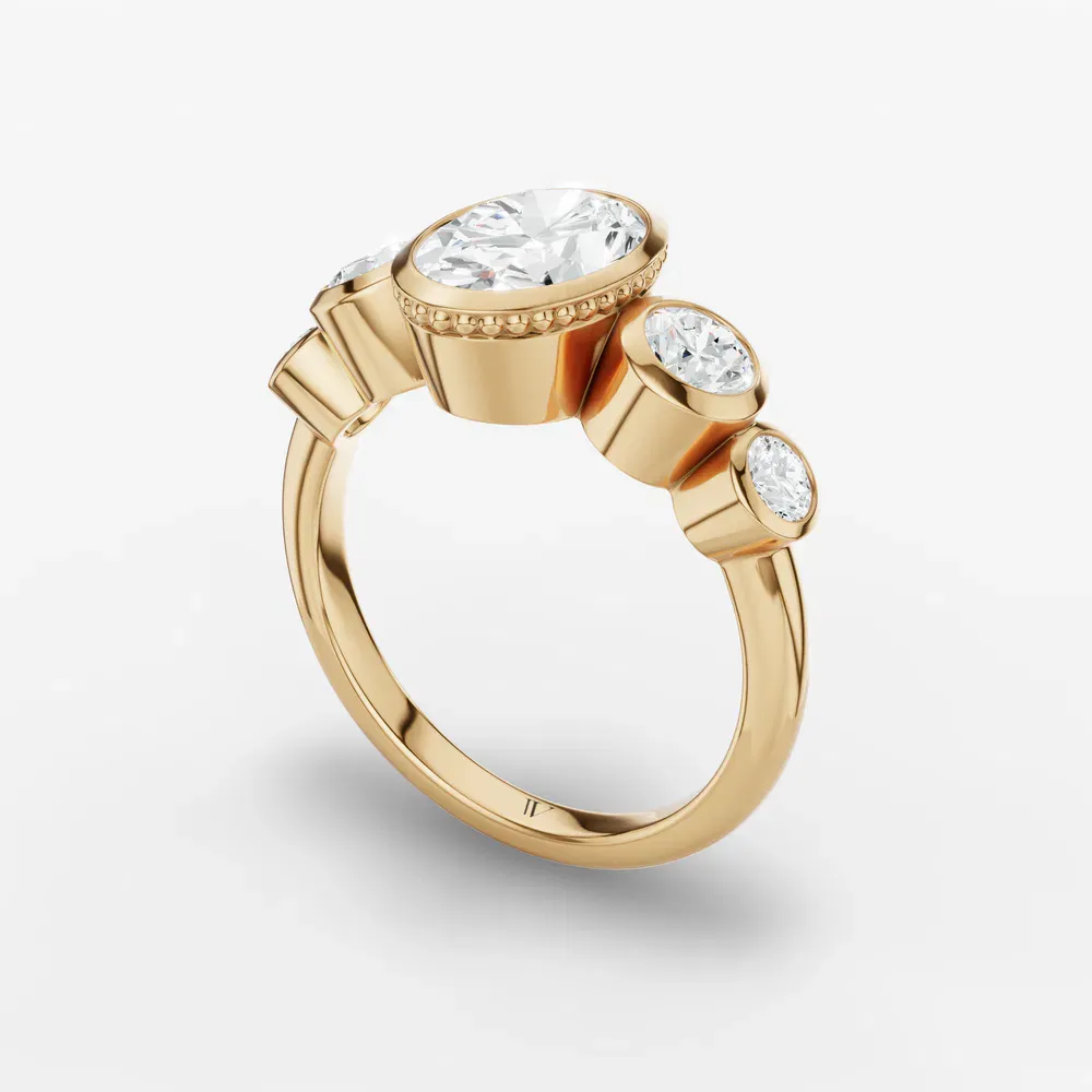 Certified 1 carat Lab Grown Diamond Oval Cut Five Stone, Milgrain, Bezel Engagement Ring in 14K Yellow Gold-Sole