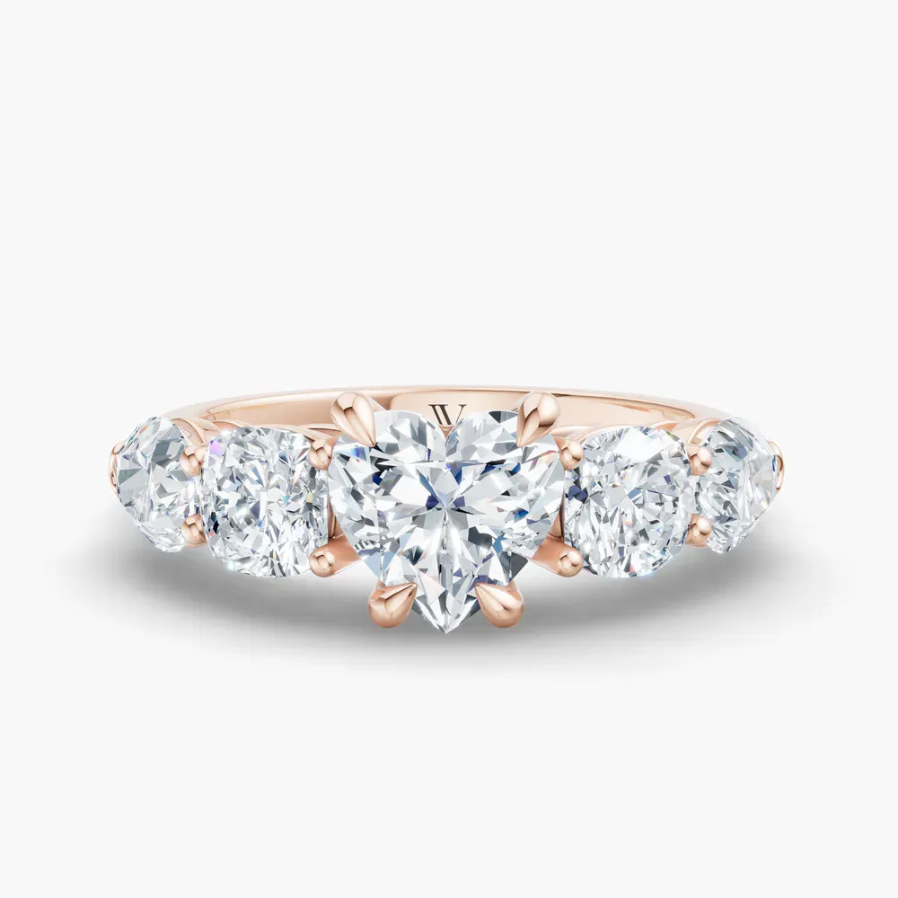 Certified 1 carat Lab Grown Diamond Heart Cut Five Stone, Side Stone Engagement Ring in 14K Rose Gold-Riva