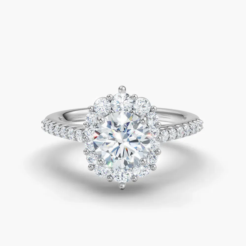 Certified 1 carat Lab Grown Diamond Round Cut Pavé, Halo, Cathedral Engagement Ring in 14K White Gold-Mirey