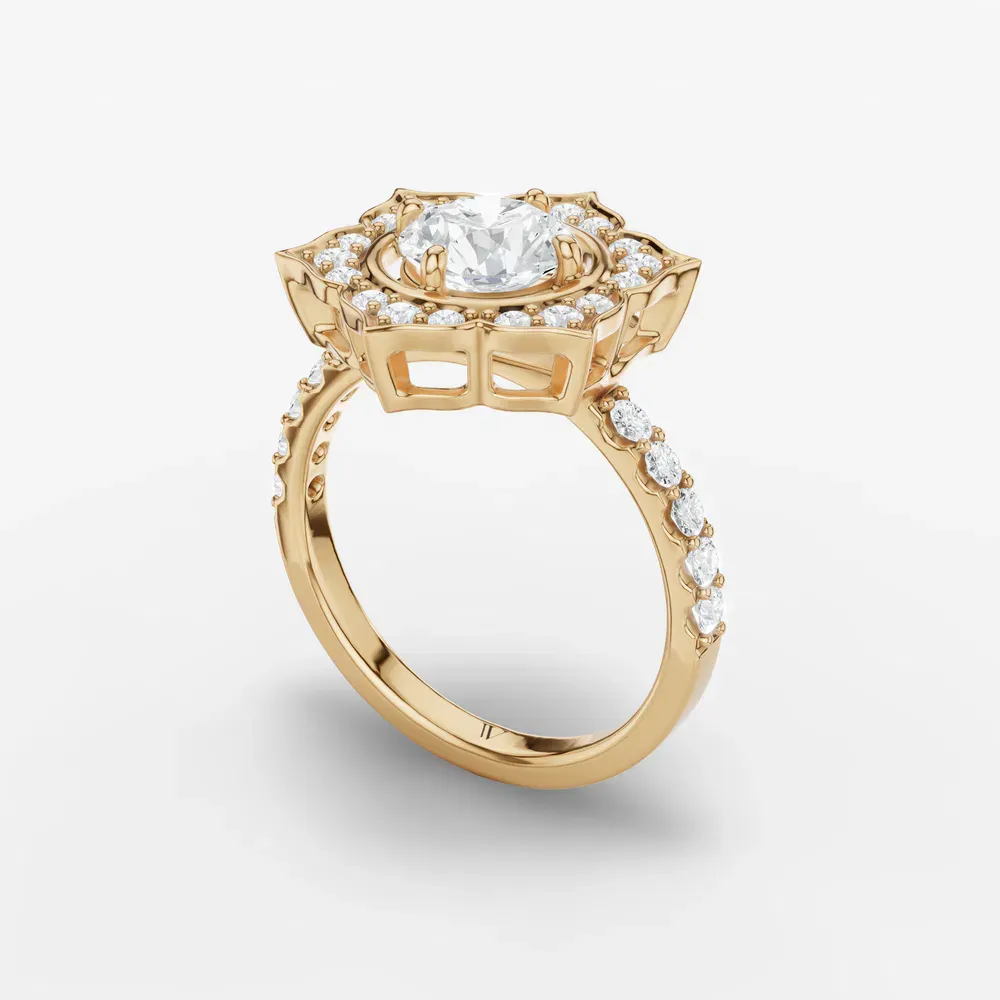 Certified 1 carat Lab Grown Diamond Round Cut Floral, Halo, Four Prong Engagement Ring in 14K Yellow Gold-Dew
