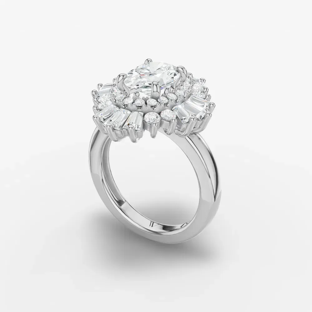 Certified 1.5 carat Lab Grown Diamond Oval Cut Double halo, Baguette, Floral Engagement Ring in 14K White Gold-Dawn