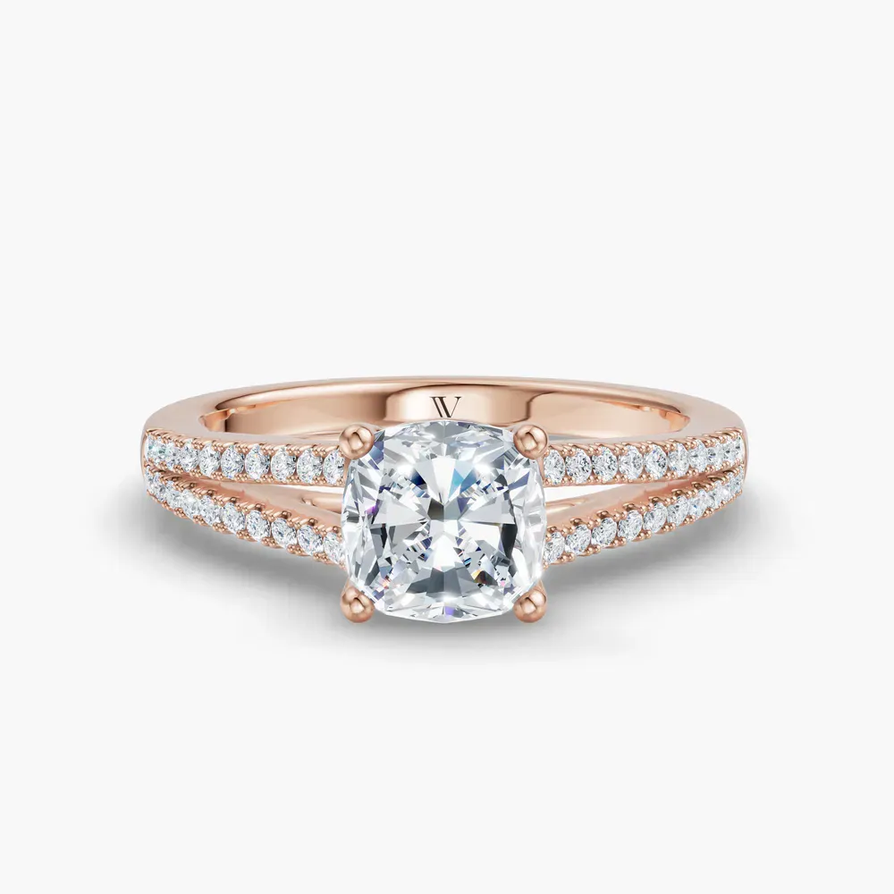 Certified 1 carat Lab Grown Diamond Cushion Cut Pavé, Cathedral, Split Shank Engagement Ring in 18K Rose Gold-Lumy