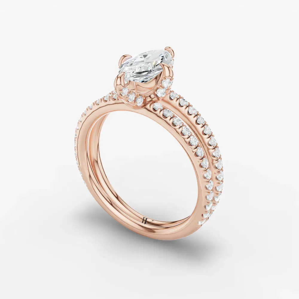 Certified 1 carat Lab Grown Diamond Marquise Cut Pavé, Split Shank, Hidden Halo Engagement Ring in 18K Rose Gold-Soren