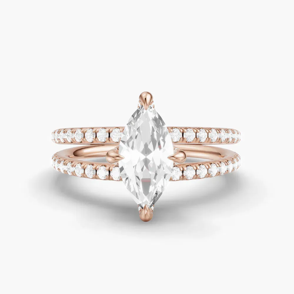 Certified 1 carat Lab Grown Diamond Marquise Cut Pavé, Split Shank, Hidden Halo Engagement Ring in 18K Rose Gold-Soren