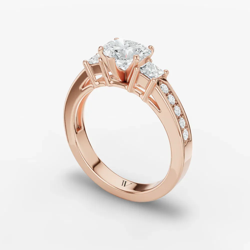 Certified 1 carat Lab Grown Diamond Heart Cut Three Stone, Pavé, Channel Set Engagement Ring in 14K Rose Gold-Velis