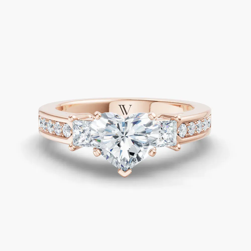 Certified 1 carat Lab Grown Diamond Heart Cut Three Stone, Pavé, Channel Set Engagement Ring in 14K Rose Gold-Velis