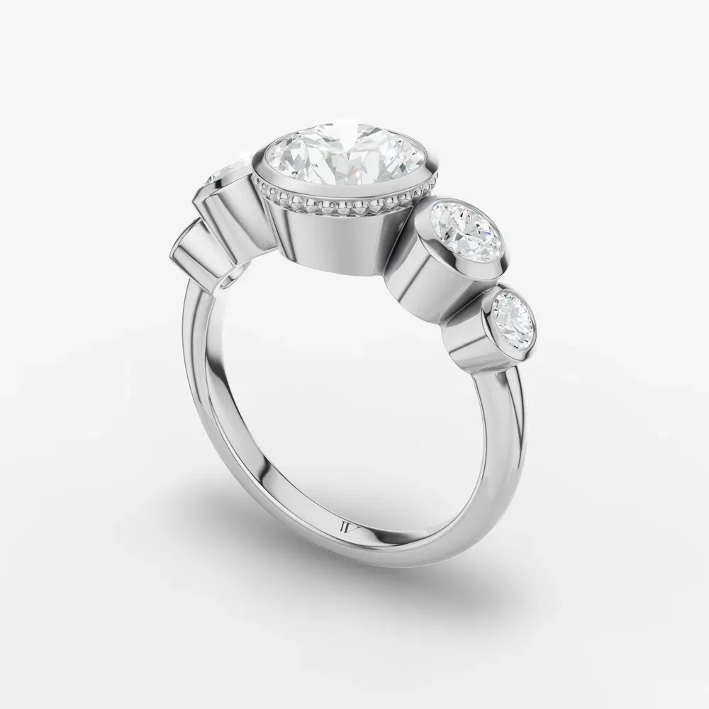 Certified 1 carat Lab Grown Diamond Round Cut Five Stone, Milgrain, Bezel Engagement Ring in 18K White Gold-Sole