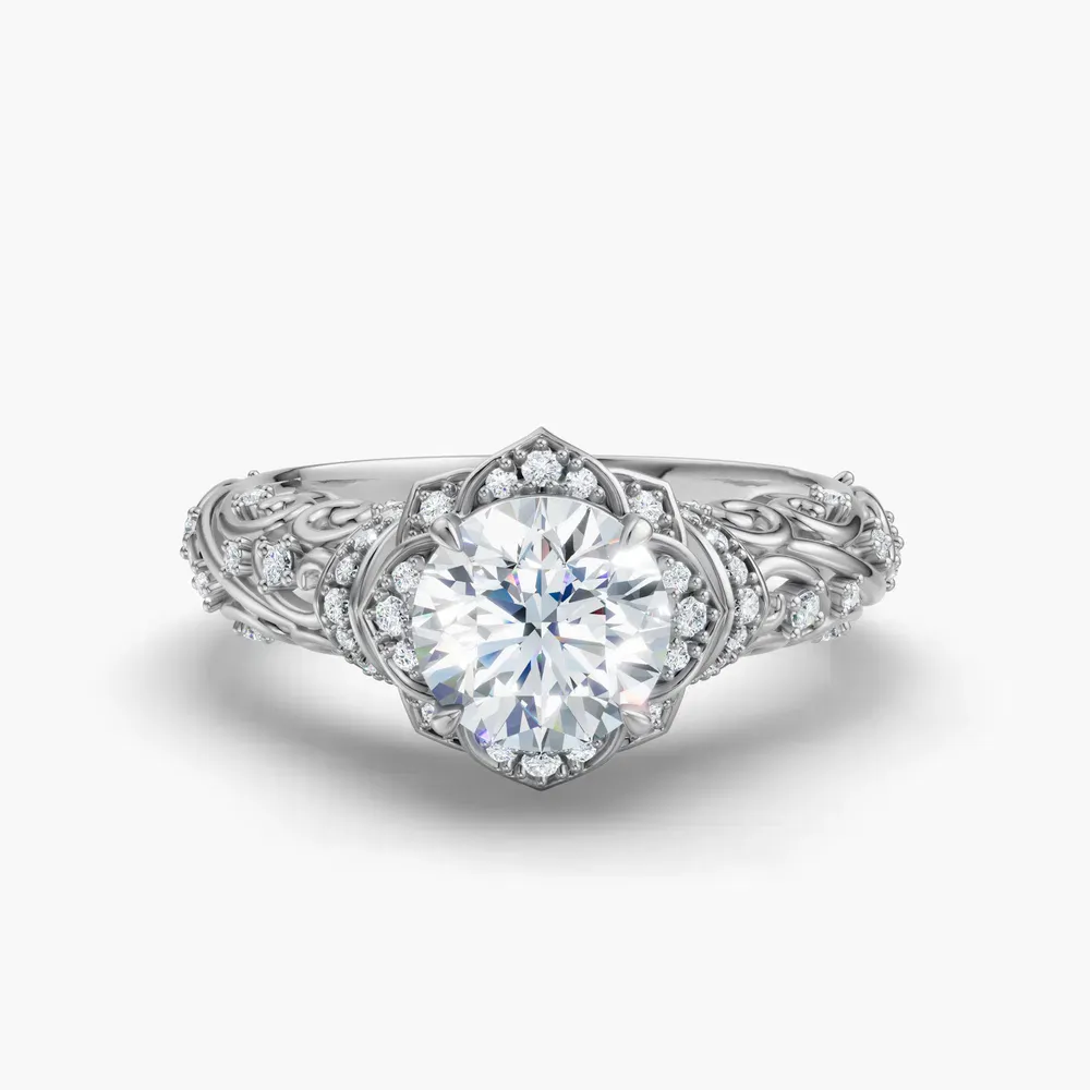 Certified 1 carat Lab Grown Diamond Round Cut Vintage, Filigree, Floral Engagement Ring in 18K White Gold-Delyn