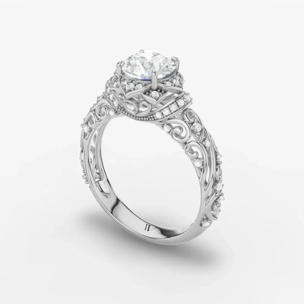 Certified 1 carat Lab Grown Diamond Round Cut Vintage, Filigree, Floral Engagement Ring in 18K White Gold-Delyn