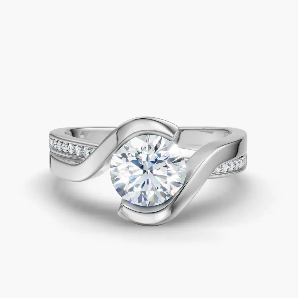 Certified 1 carat Lab Grown Diamond Round Cut Bezel, Modern, Split Shank Engagement Ring in 18K White Gold-Elara
