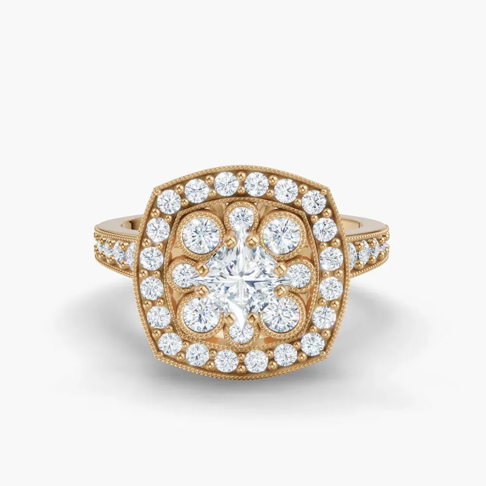Certified 0.5 carat Lab Grown Diamond Princess Cut Vintage, Double halo, Cluster Engagement Ring in 18K Yellow Gold-Isolde