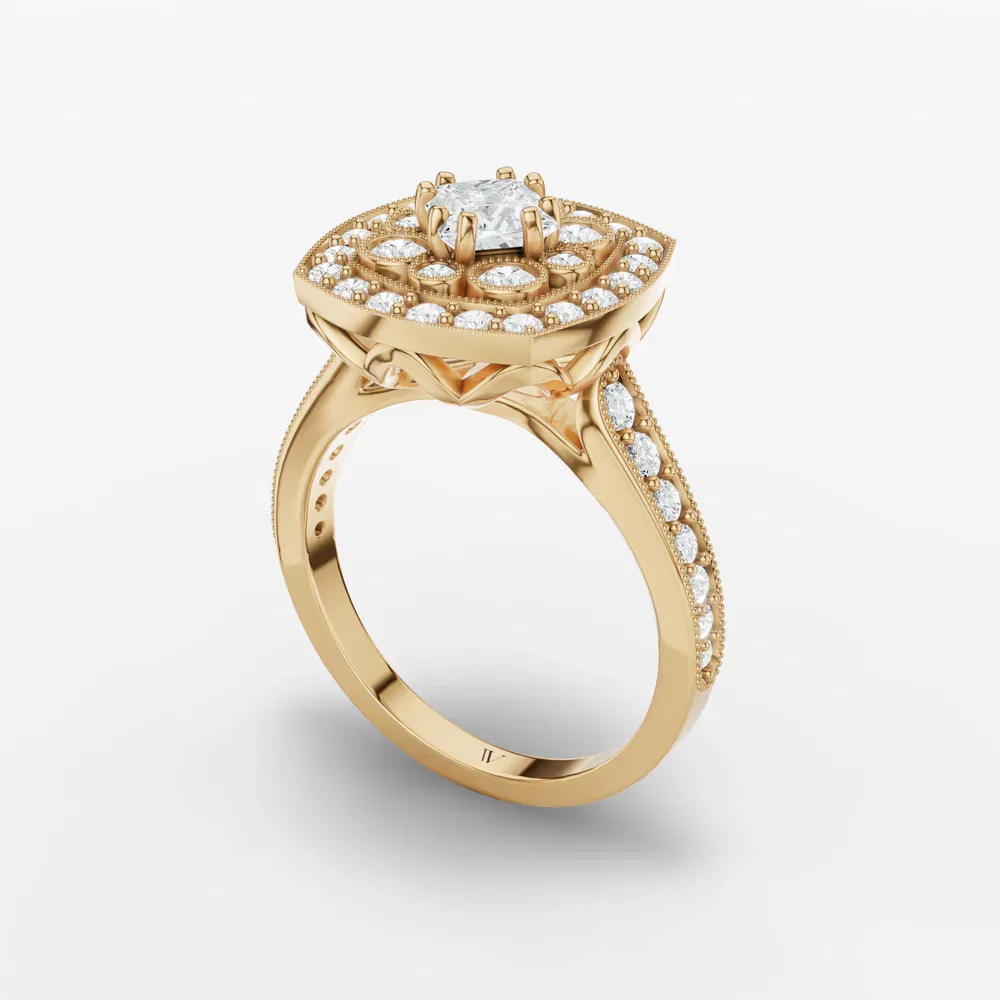 Certified 0.5 carat Lab Grown Diamond Princess Cut Vintage, Double halo, Cluster Engagement Ring in 18K Yellow Gold-Isolde