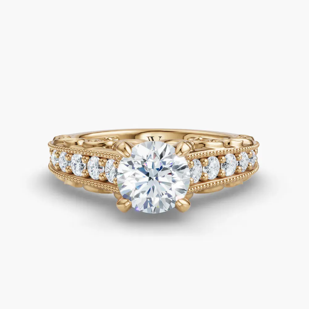 Certified 1 carat Lab Grown Diamond Round Cut Milgrain, Filigree, Vintage Engagement Ring in 14K Yellow Gold-Zevali